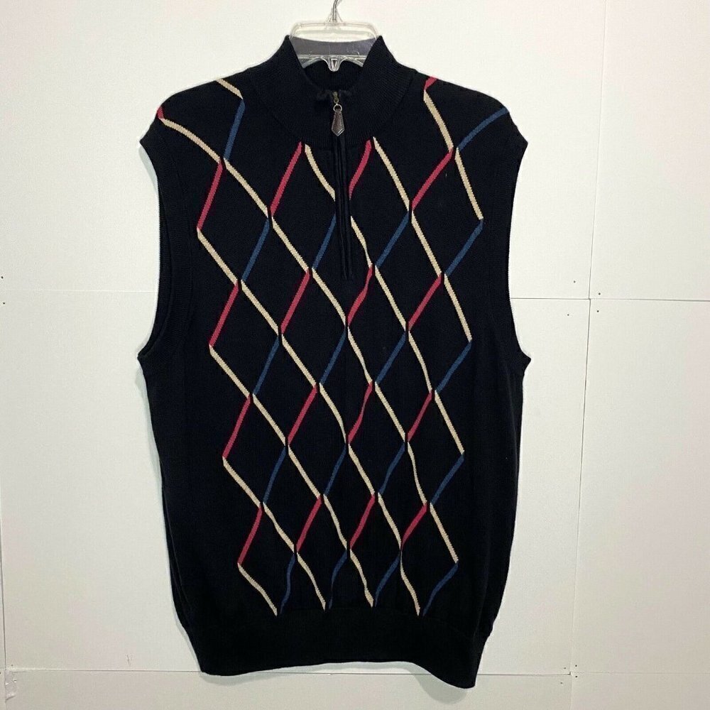 St. Andrews Of Scotland Mens Sz Large Black Diamond Knit 1/4 Zip Golf Vest